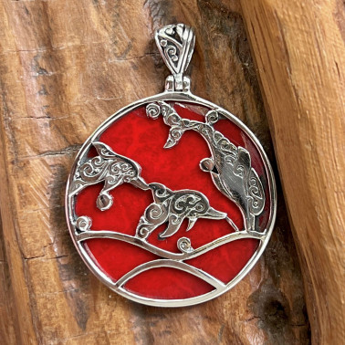 PD 15498 CR-(HANDMADE 925 BALI STERLING SILVER DOLPHIN PENDANTS WITH CORAL)